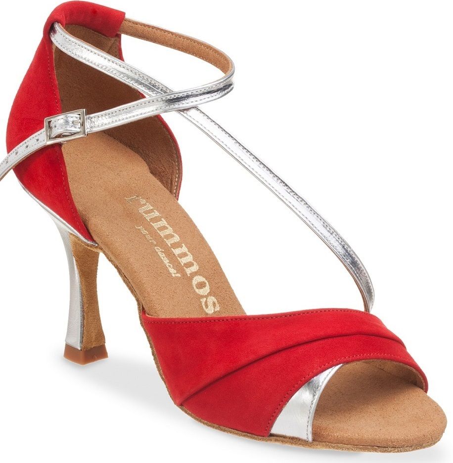 Rummos R304 red dance shoe with open toe, elegant design, and silver accents, perfect for Latin and Salsa dancing.