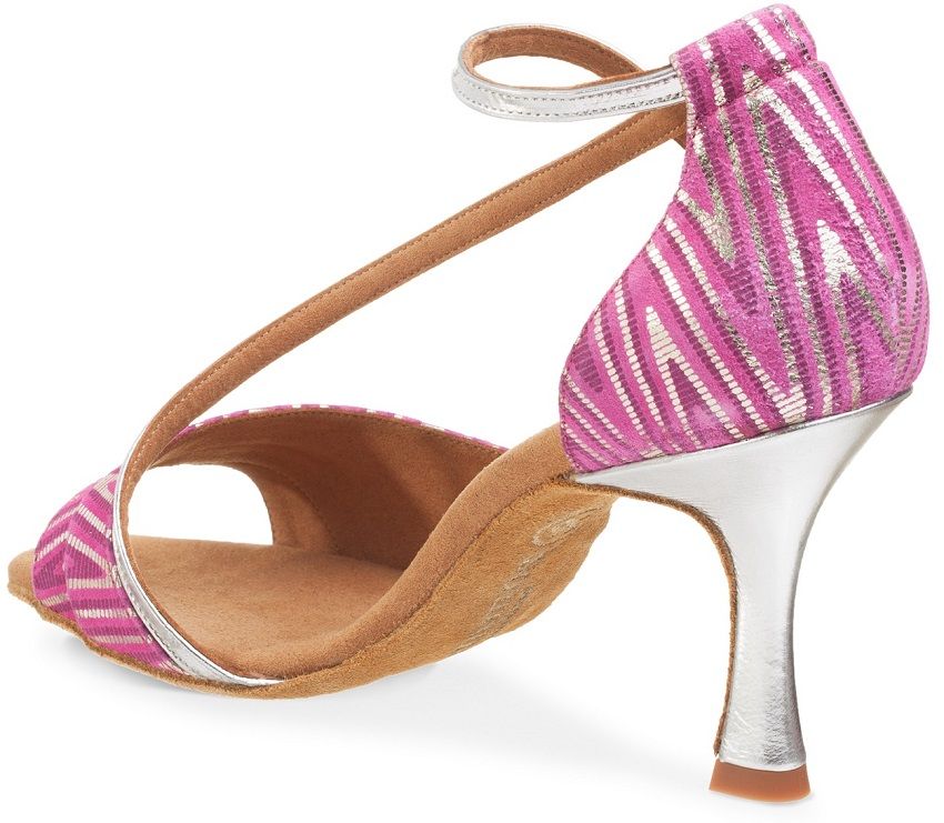 Stylish pink and silver Latin sandal with high heel and comfortable sole, showcasing modern design and craftsmanship.