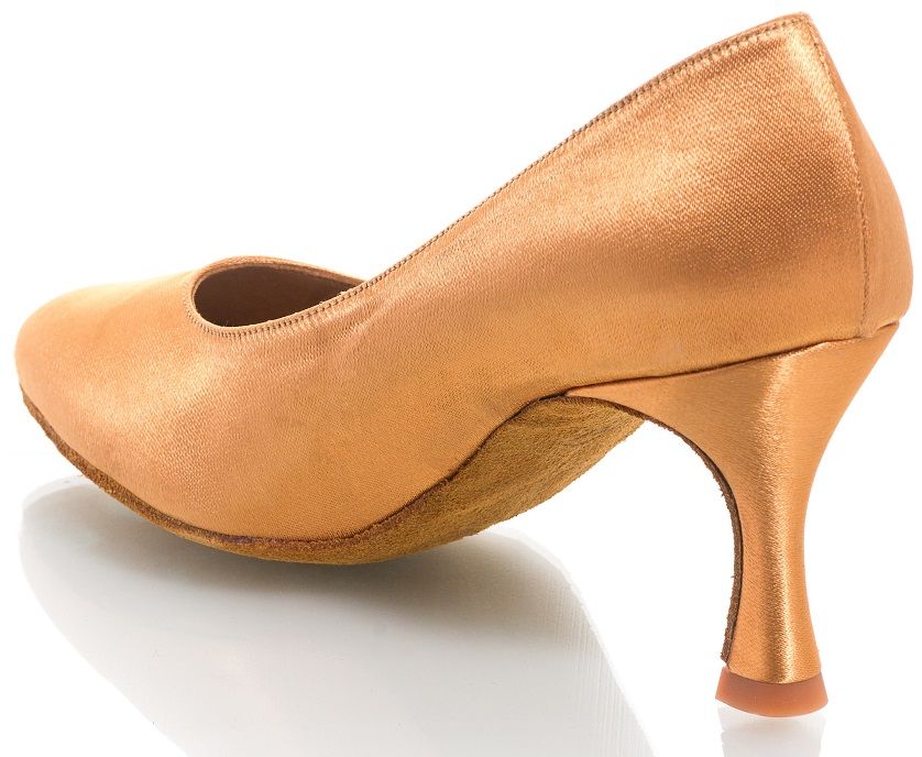 Rummos R311 elegant tan satin dance shoe with a stylish heel and soft, comfortable design.