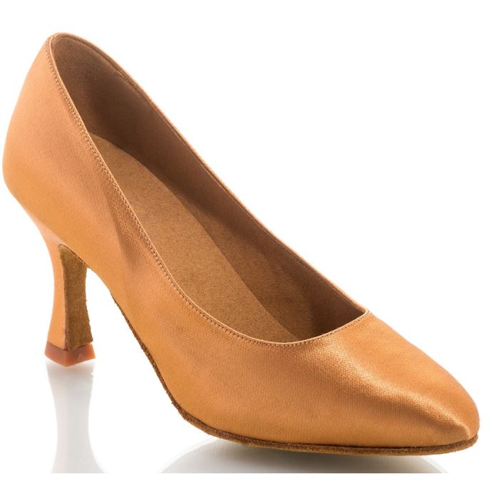 Elegant tan satin dance shoe with stylish heel, designed for comfort and foot support, perfect for performance and elegance.