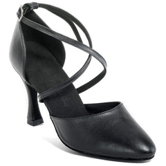 Elegant black dance shoe with crisscross straps, perfect for tango and salsa dancing.