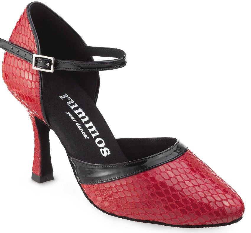 Rummos R407 elegant red dance shoe with closed front and flexible sole, ideal for tango and salsa dancing.