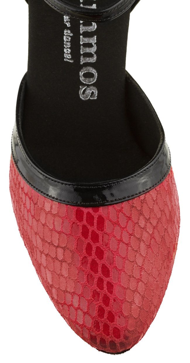 Rummos I-R407 dance shoe with elegant red snake skin design and black accents, ideal for tango and salsa dancing.