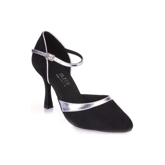 Elegant black nubuck heels with silver accents and adjustable ankle strap for stylish dance comfort.