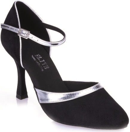 Elegant black nubuck and silver strap heel, featuring a chic design and comfortable fit for stylish dancing.