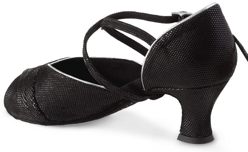 Rummos R517 black ballroom dance shoe with 2" heel, featuring a stylish design and comfort for salsa and social dancing.