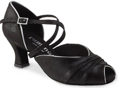 Rummos R517 black ballroom dance shoe with 2" heel, open front, double cushioning, ideal for salsa and social dancing.