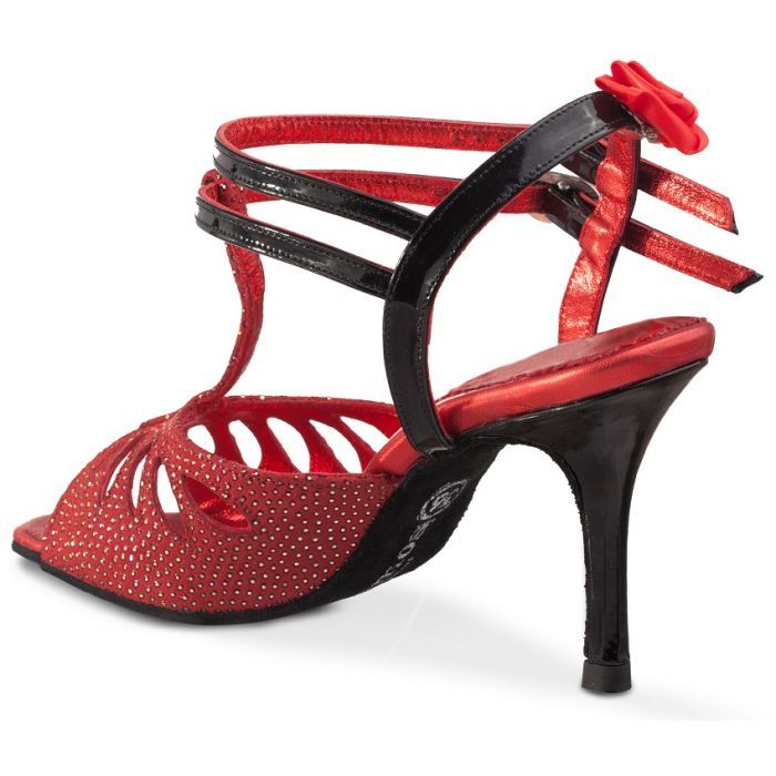 Rummos Pasion elegant open-toe dance shoe in red and black with ankle straps, designed for comfort and stability in Tango dancing.