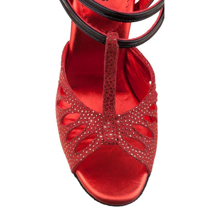 Rummos Pasion red open-toe dance shoe with elegant design and sparkly details, perfect for Tango dancers.