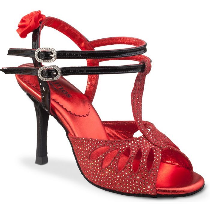 Rummos Pasion elegant red tango dance shoe with open toe and supportive ankle straps, featuring sparkly embellishments.