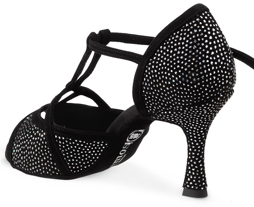 Rummos Santigold 231-024 black Latin dance shoe with sparkling embellishments and balanced heel for stability.