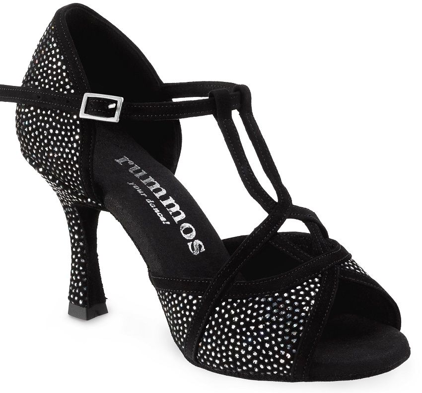 Rummos Santigold 231-024 black Latin dance shoe with rhinestones, ideal for Salsa, Tango, and Kizomba dancing.