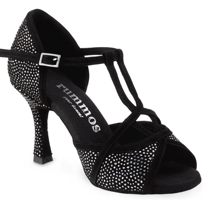 Rummos Santigold 231-024 black Latin dance shoe with rhinestones, perfect for Salsa, Tango, and Kizomba.