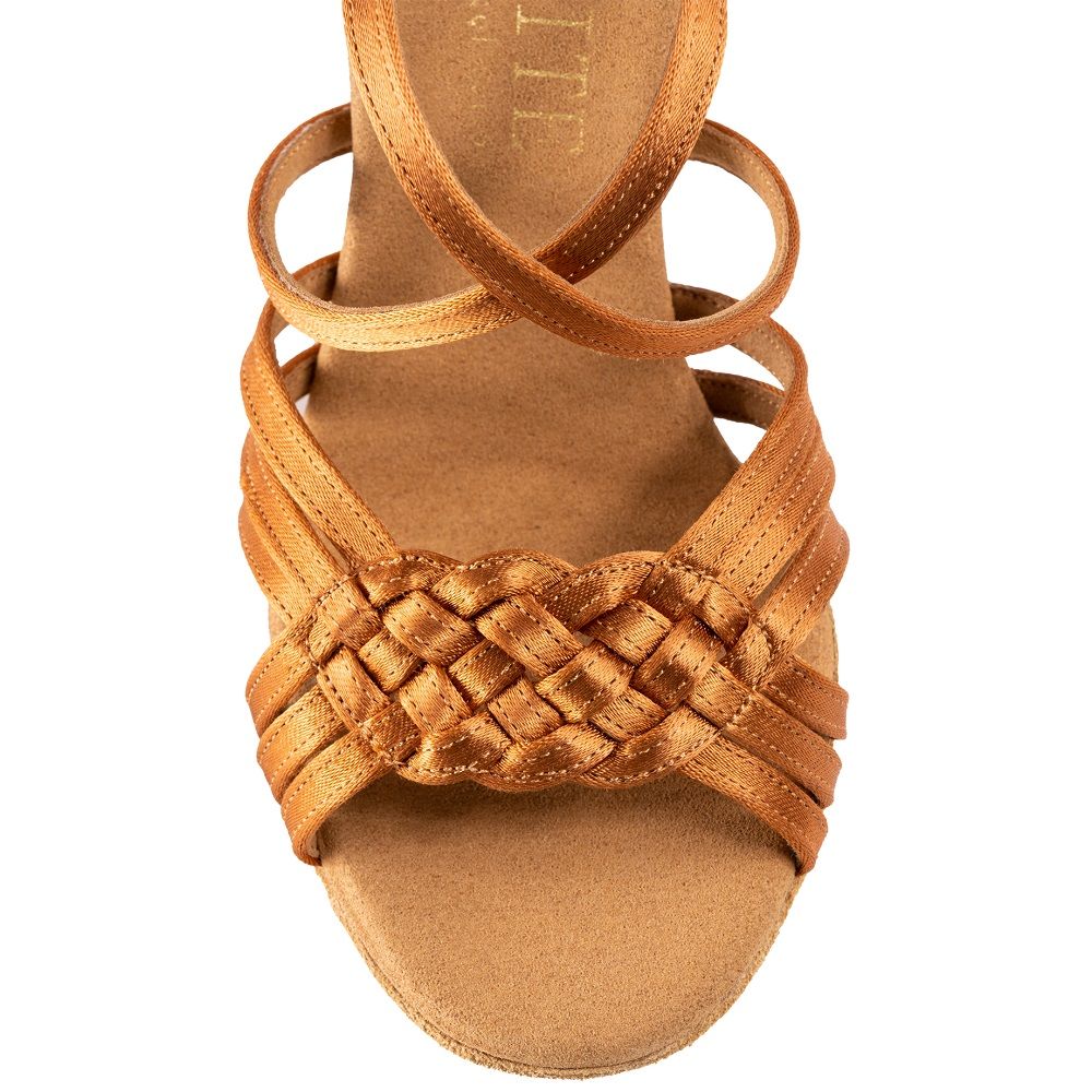 Top view of Elite Aphrodite dance shoe, featuring stylish braided straps in tan leather.