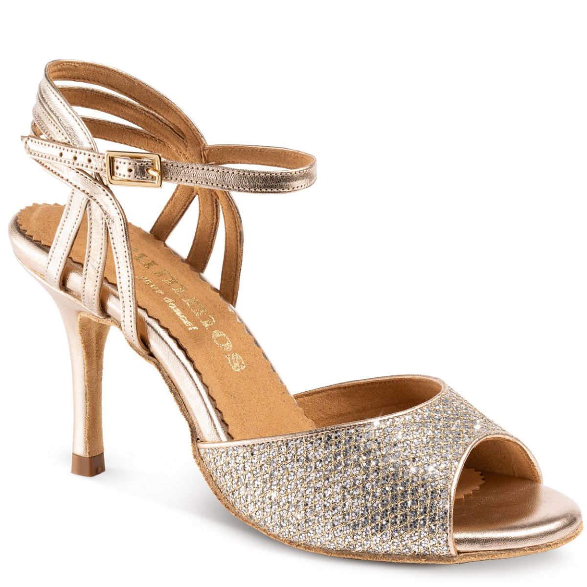 Rummos Tango dance shoes in GlitterLux Platinum with elegant heel and ankle strap for ultimate comfort and support.