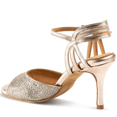 Elegant Rummos Tango dance shoe in gold glitter with stylish heel and ankle strap for comfort and stability.