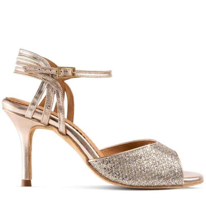 Rummos Tango Buenos Aires dance shoes with gold glitter and stiletto heel, designed for style and comfort.