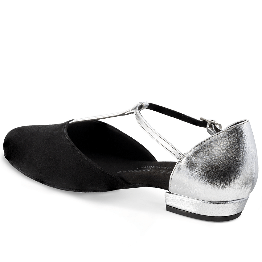 Rummos Carol dance shoe features a stylish black suede design with silver accents, ideal for West Coast Swing and Lindy Hop.