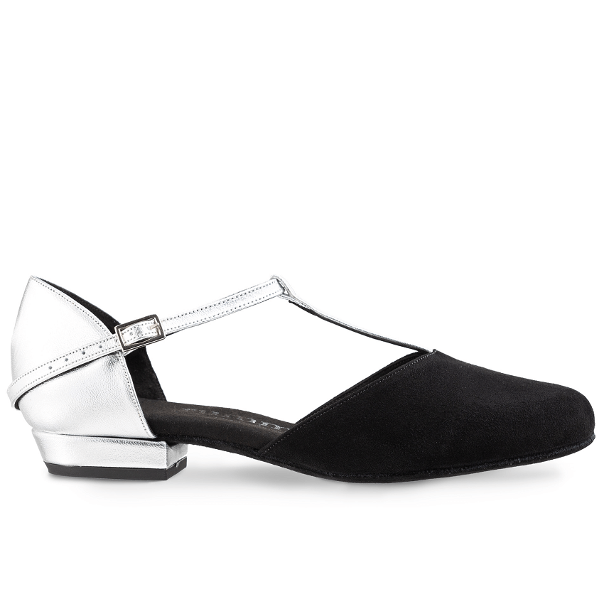 Rummos Carol stylish dance shoe in black suede with silver accent, ideal for West Coast Swing and Lindy Hop, featuring 2cm heel.