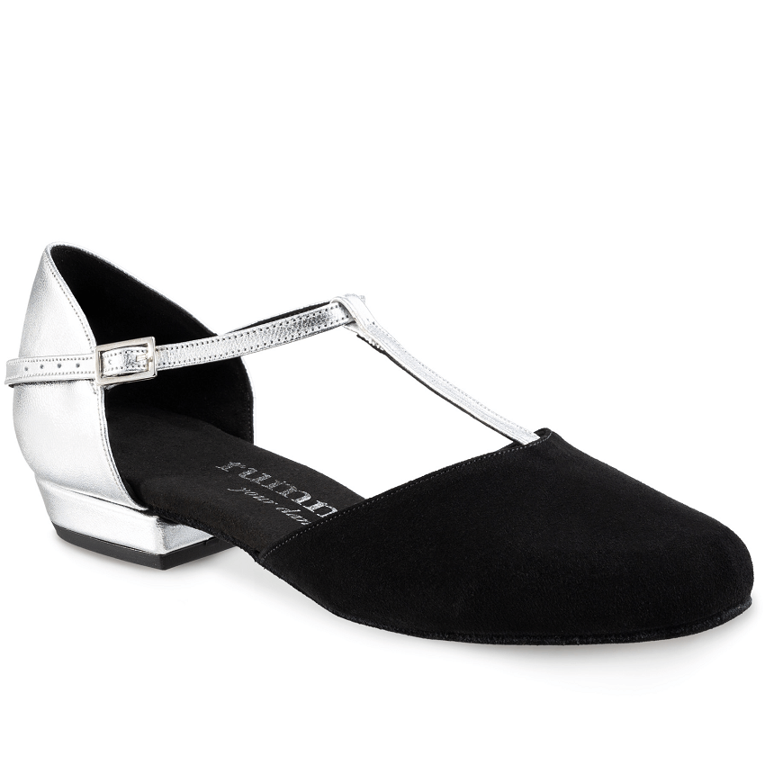 Rummos Carol stylish black and silver dance shoe with T-strap, ideal for West Coast Swing and Lindy Hop, featuring 2 cm heel.