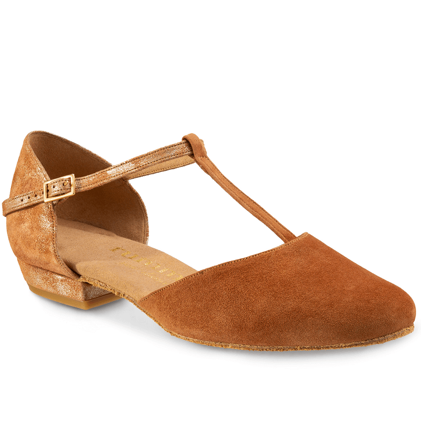 Rummos Carol dance shoe in brown suede, featuring strap design and 2 cm heel for comfort in West Coast Swing and Lindy Hop.