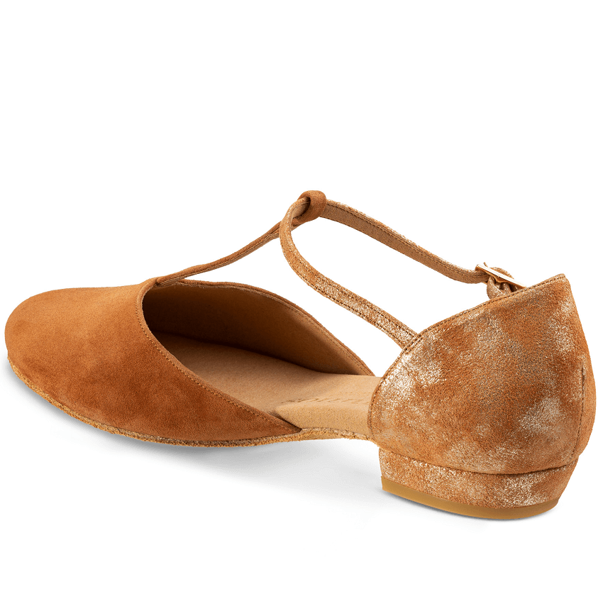 Rummos Carol stylish dance shoe in tan suede with elegant design and comfortable 2 cm heel, perfect for West Coast Swing.