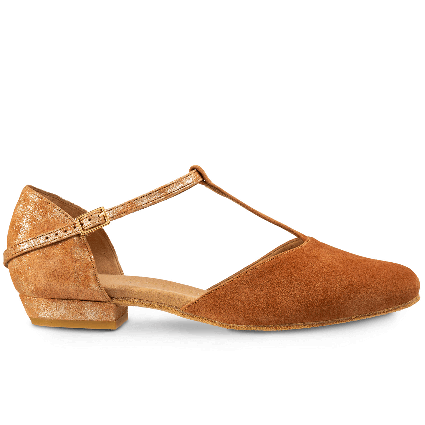 Rummos Carol dansschoenen in bruin, met comfortabele hak en elegante T-strap voor West Coast Swing en Lindy Hop.