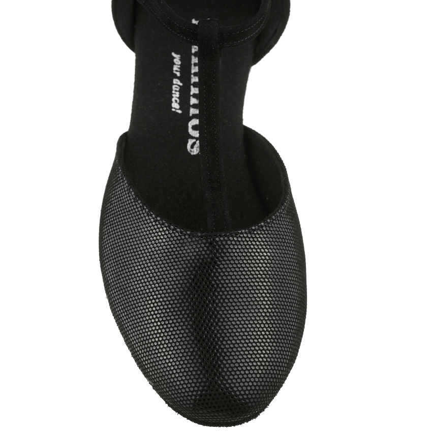 Rummos Carol black dance shoe with mesh design, offering comfort and style for West Coast Swing and Lindy Hop dancers.