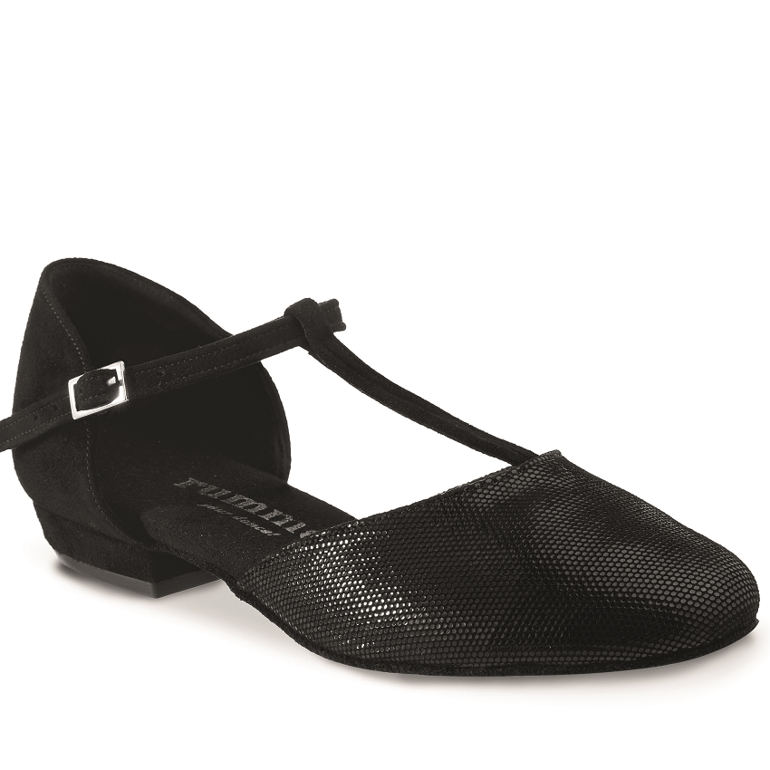 Rummos Carol black dance shoe with strap, designed for comfort and style, ideal for West Coast Swing and Lindy Hop.