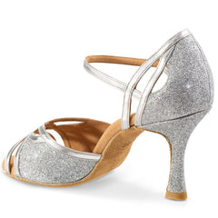 Rummos Claire silver Latin dance sandal with glitter finish, showcasing elegant design and balanced heel for comfort.