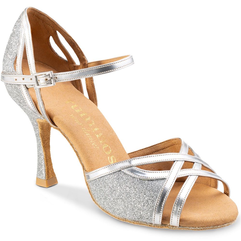 Rummos Claire silver Latin sandal with glitter, showcasing comfort, flexibility, and elegant design for dance.