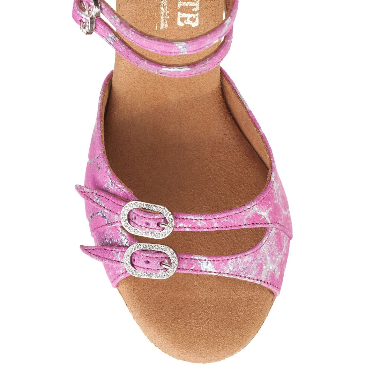 Elite Elena pink professional dance shoe with double buckle, ideal for Latin dance and comfort.