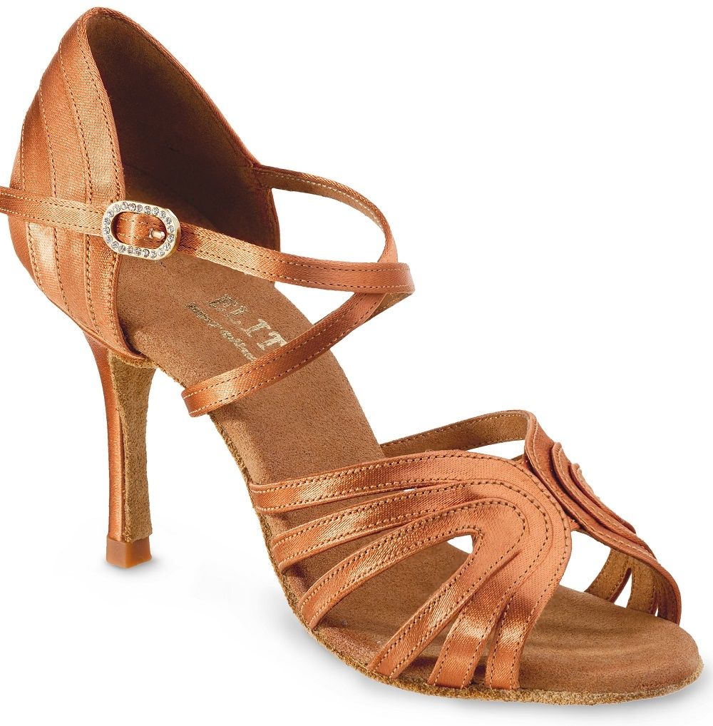 Elegant hand-crafted dance shoe Elite Barbara 048 in copper color, featuring strappy design and suede sole.