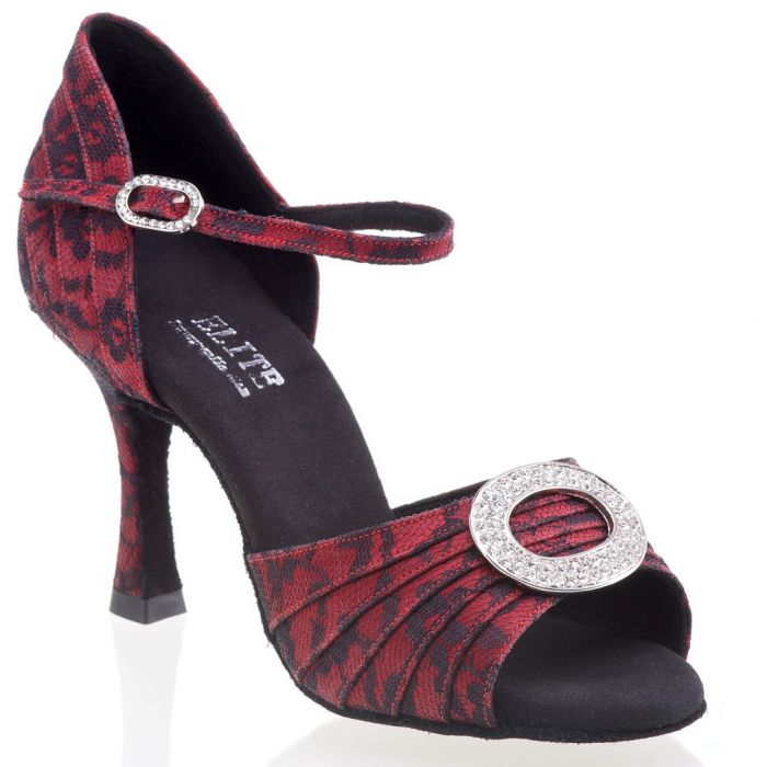 Elite Cleopatra 117 red dance shoe with decorative crystal brooch, perfect for Salsa, Tango, and Kizomba dancers.