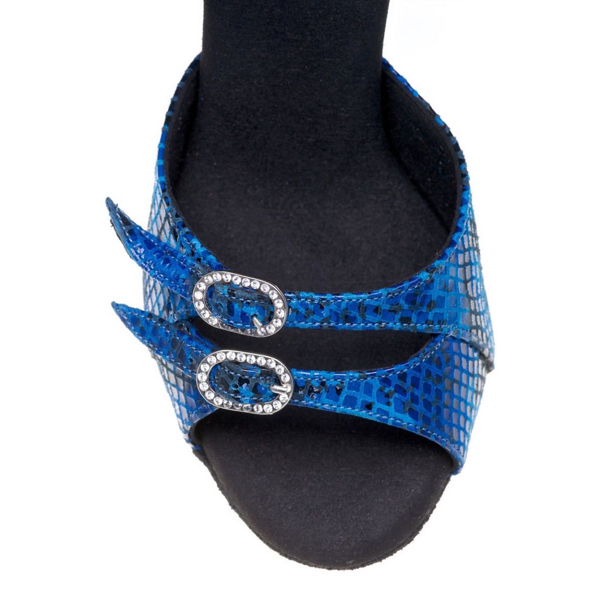 Elite Elena 055 blue adjustable sandal with double straps and rhinestone buckles for comfort and style.