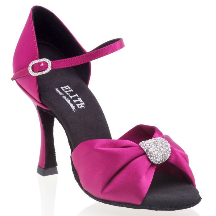 Elite Hera pink satin sandal with crystal brooch and pleated vamp, perfect for Latin dance styles.