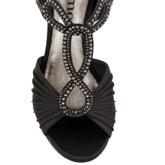 Handcrafted black T-strap sandals with crystal embellishments, featuring soft satin and excellent foot support for dancing.