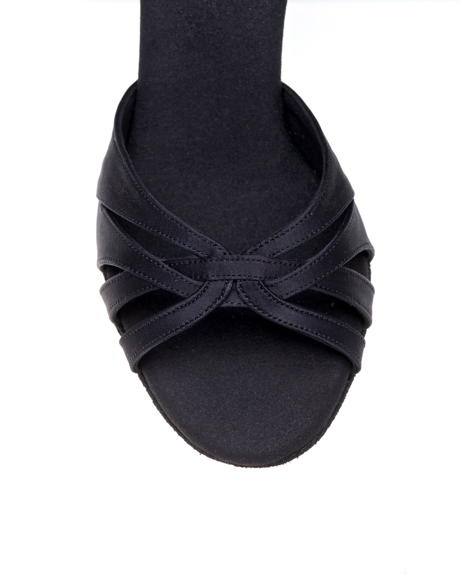 Elegant black wearable dance sandal with crisscross straps and a superflexible insole for enhanced comfort and stability.