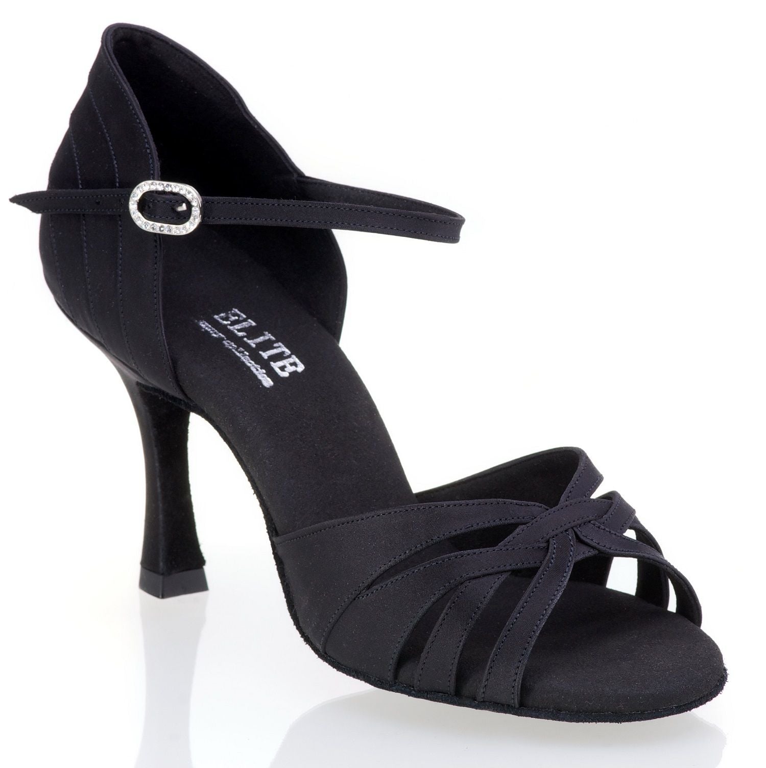 Elegant black 'Wear & Dance' sandal with crossed straps and a comfortable heel, perfect for dancers.