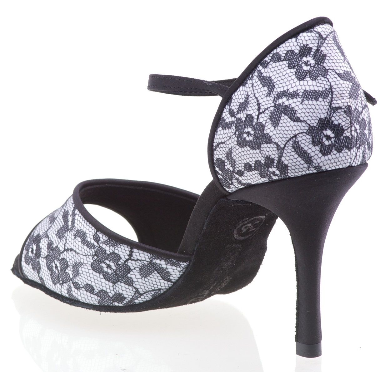 Elegant black lace tango sandal with a high heel and ankle strap, perfect for Latin dancing and special occasions.