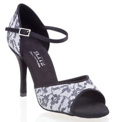 Rummos Elli A 114 elegant black and white lace tango sandal with ankle strap and high heel. Ideal for Latin dancing.