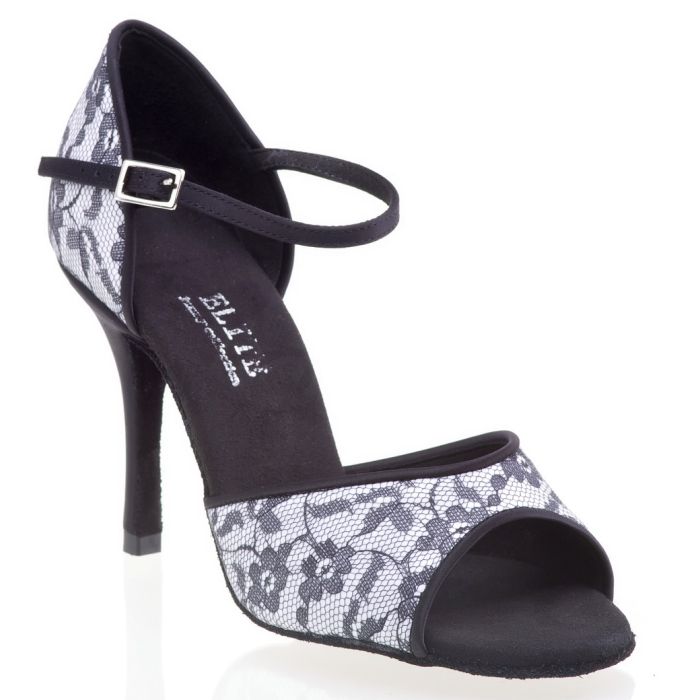 Elegant black and gray lace tango sandal with ankle strap and high heel, perfect for Latin dance.