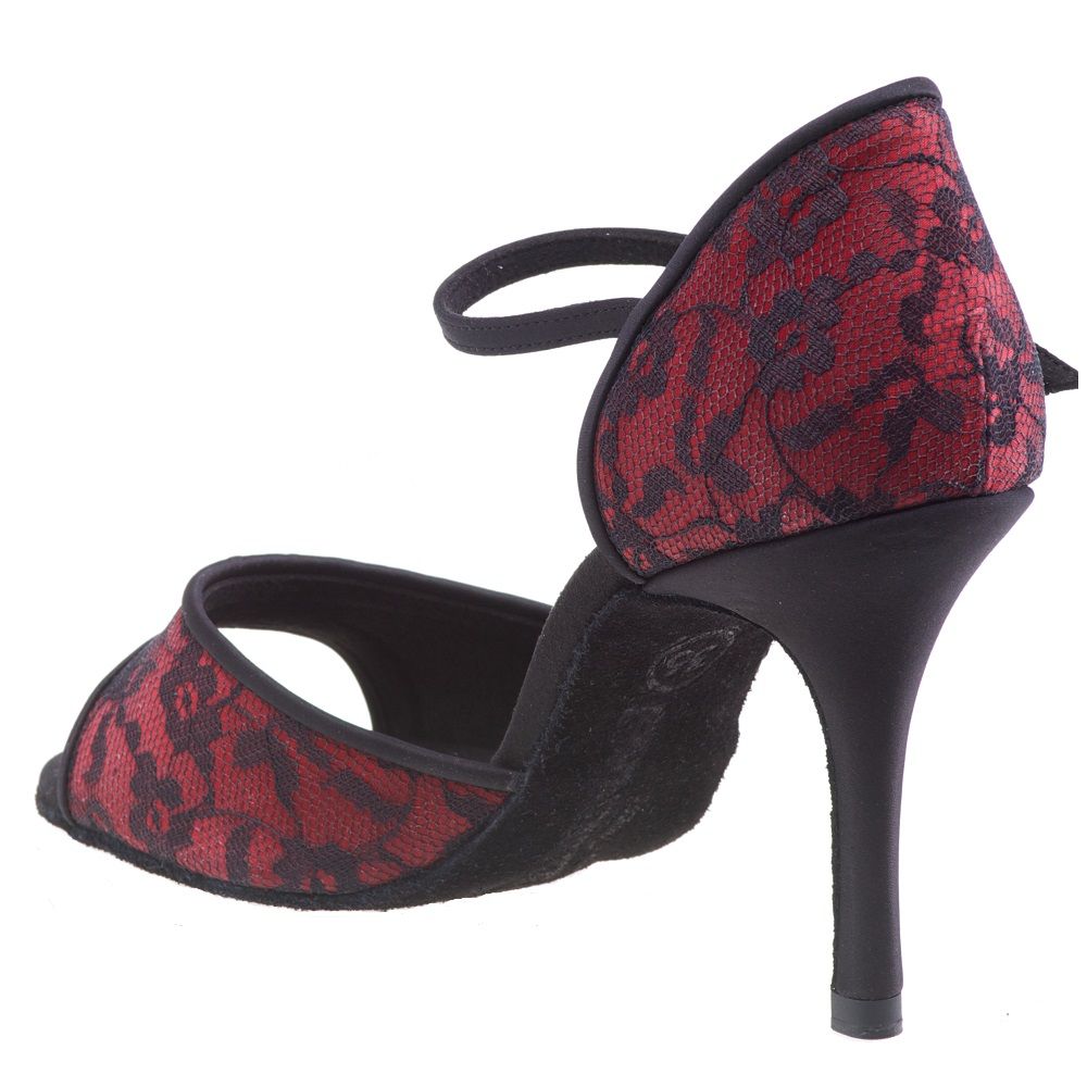 Rummos Elli tango shoes featuring elegant red floral design, high heel, and comfortable fit for Latin dancing.