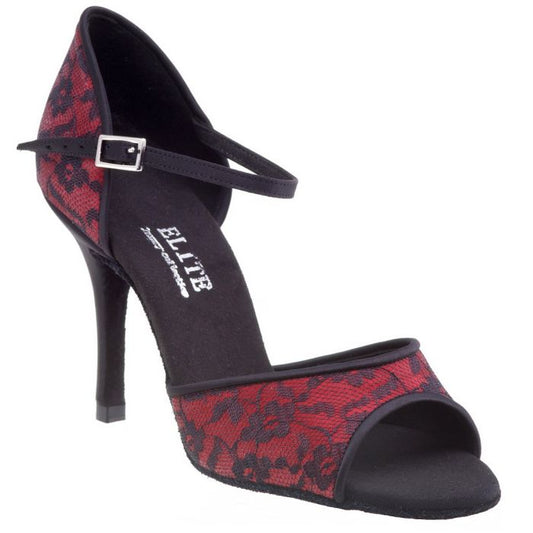 Elegant red lace dance shoe with ankle strap and high heel, perfect for Latin dancing and special occasions.