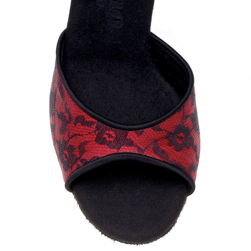 Rummos Elli dance shoe featuring a red floral lace design and an open toe for stylish comfort in Latin dance.