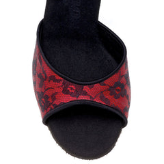 Rummos Elli dance shoe featuring a red floral lace design and an open toe for stylish comfort in Latin dance.