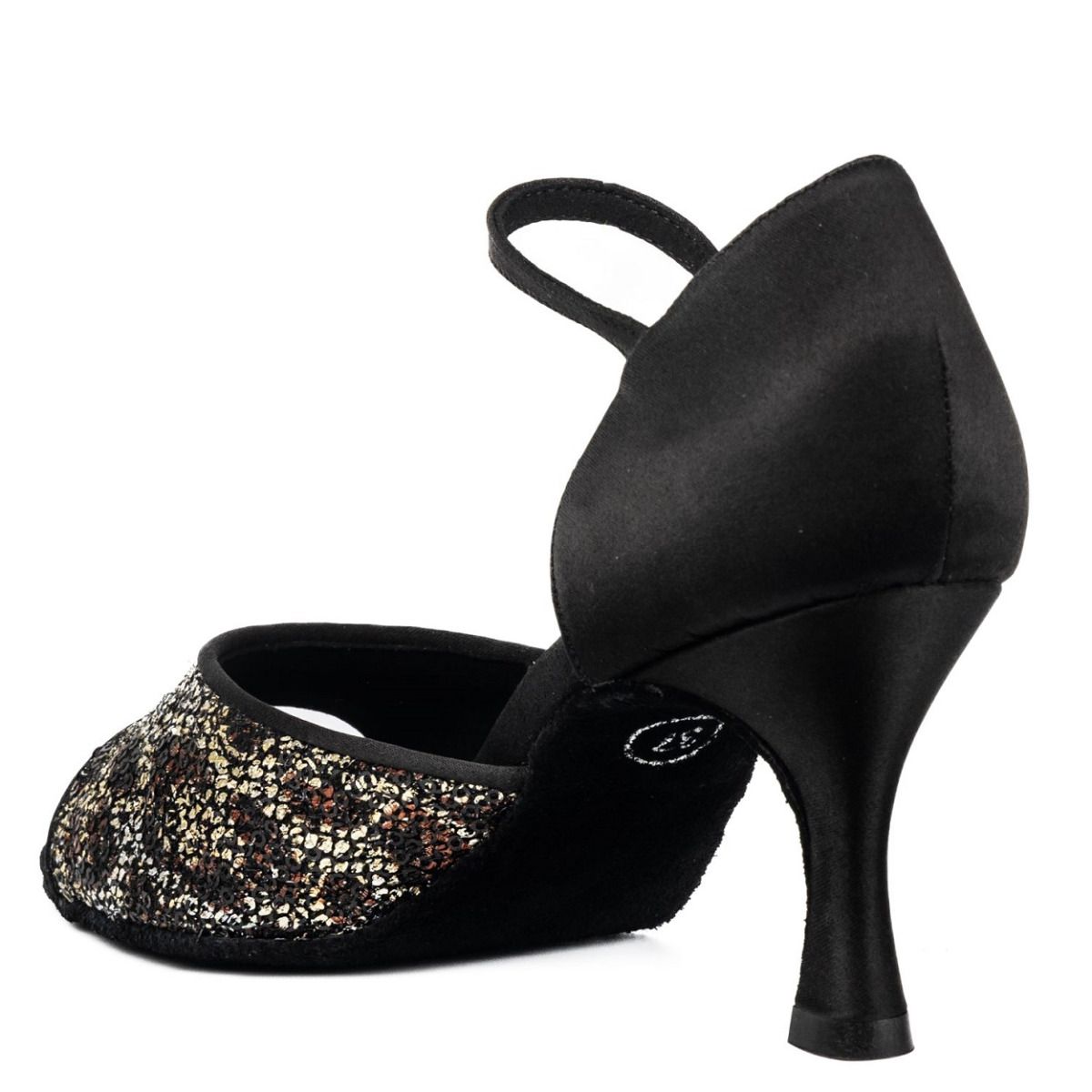 Elegant Rummos Leslie LTJ-041 dance shoe with black satin and shimmering detail, perfect for salsa and tango.