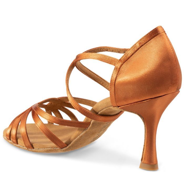 Elegant handwoven Elite Eris sandal in shimmering orange satin with supportive crisscross straps and stable heel.