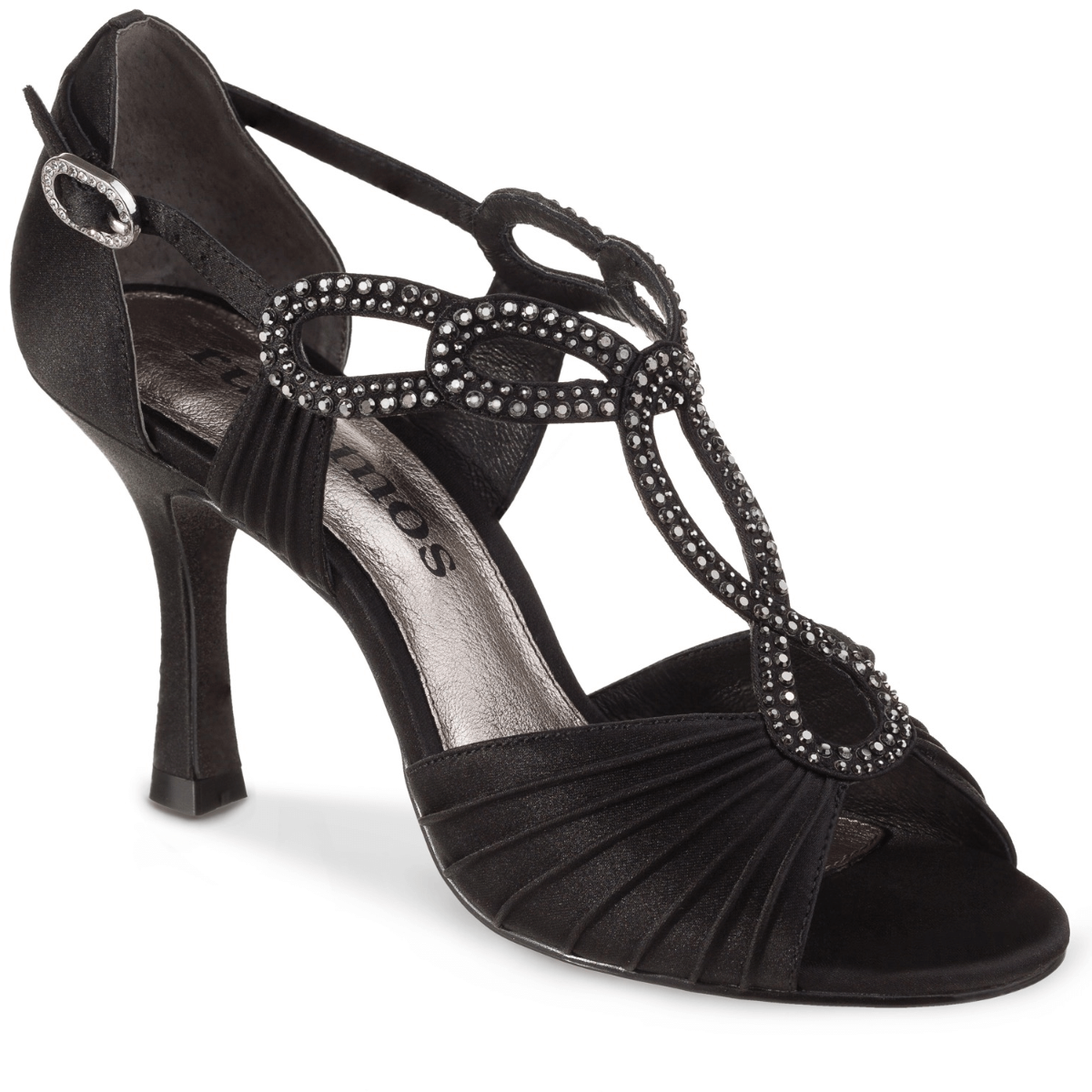 Elegant black T-strap sandals with crystal embellishments, perfect for social dancing and exceptional comfort.