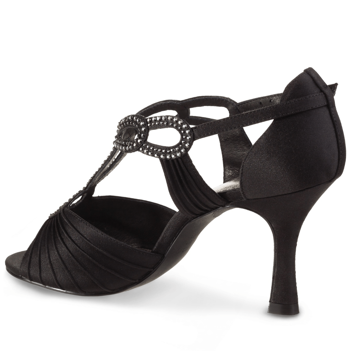 Handcrafted black T-strap sandals with crystal embellishments and comfortable heel, perfect for dance styles like Salsa and Bachata.